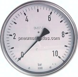 Manometer waagerecht Ø 160 mm, Edelstahl / Messing -  Robust, Klasse 1,0