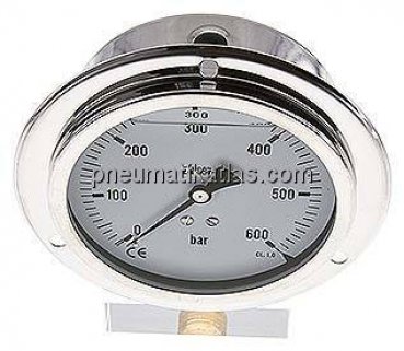 Glycerin-Einbaumanometer,Front-ring, 100mm, 0 - 600 bar