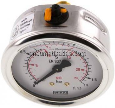 Glycerin-Manometer waagerecht (CrNi/Ms),63mm, 0 - 1,6bar