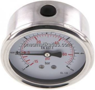 Glycerin-Manometer waagerecht (CrNi/Ms),63mm, -1 bis 5bar