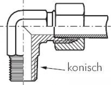 Winkel-Schneidringverschraub. M 18x1,5 (konisch)-15 L (M22x1,5), Klemmring 1.4571 (NC)