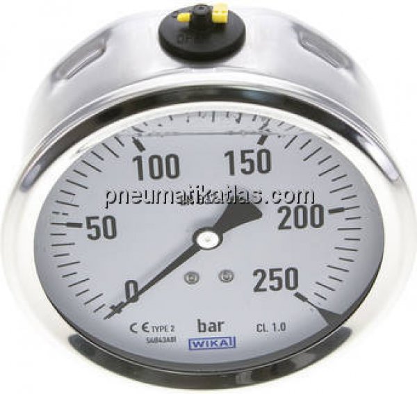 Glycerin-Manometer waagerecht (CrNi/Ms),100mm, 0 - 250bar