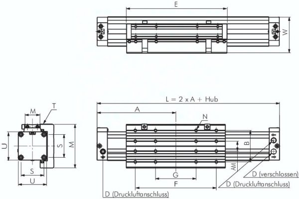 Kolbenstangenloser Zylinder,  Kolben Ø 40 mm, Hub 1400 mm