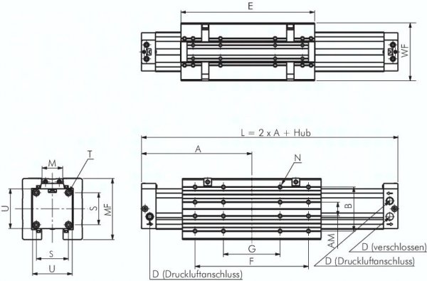 Kolbenstangenloser Zylinder,  Kolben Ø 32 mm, Hub 1600 mm