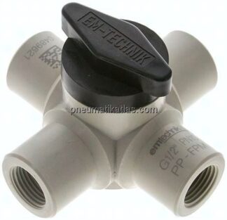 4-Wege Kugelhahn, PP, G 1/2", PN 10, Durchgangsbohrung