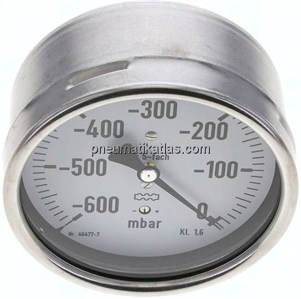 Manometer waagerecht 100mm, -0,6 bar bis 0 bar mbar, G 1/2"