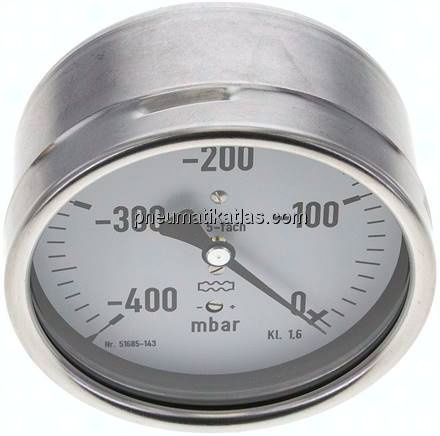 Manometer waagerecht 100mm, -0,4 bar bis 0 bar mbar, G 1/2"