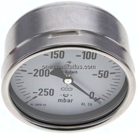 Manometer waagerecht 100mm, -0,25 bar bis 0 bar mbar, G 1/2"