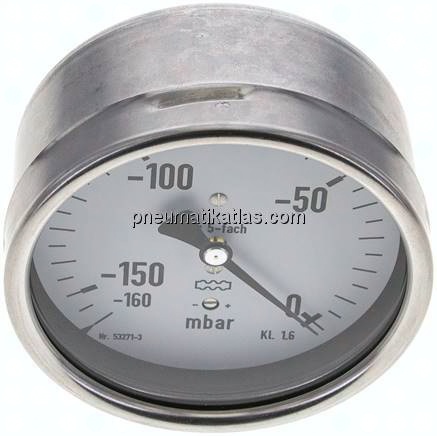 Manometer waagerecht 100mm, -0,16 bar bis 0 bar mbar, G 1/2"
