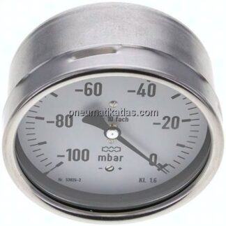 Manometer waagerecht 100mm, -0,1 bar bis 0 bar mbar, G 1/2"