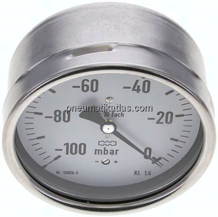 Manometer waagerecht 100mm, -0,1 bar bis 0 bar mbar, G 1/2"
