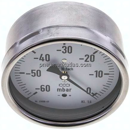 Manometer waagerecht 100mm, -0,06 bar bis 0 bar mbar, G 1/2"