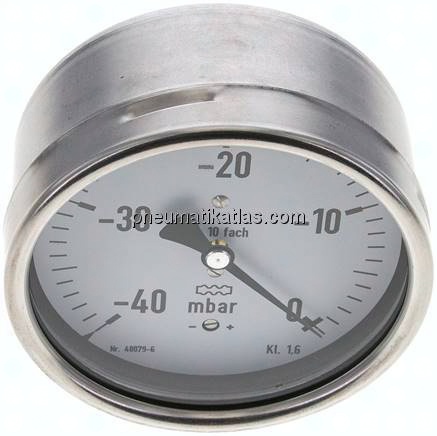 Manometer waagerecht 100mm, -0,04 bar bis 0 bar mbar, G 1/2"