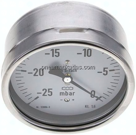 Manometer waagerecht 100mm, -0,025 bar bis 0 bar mbar, G 1/2"