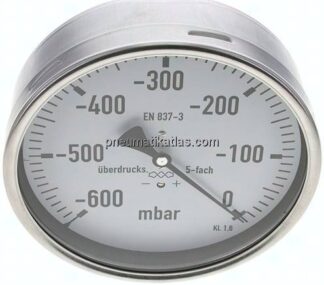 Manometer waagerecht 160mm, -0,6 bar bis 0 bar mbar, G 1/2"
