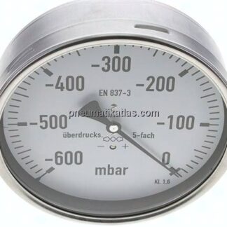 Manometer waagerecht 160mm, -0,6 bar bis 0 bar mbar, G 1/2"
