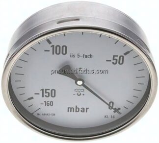 Manometer waagerecht 160mm, -0,16 bar bis 0 bar mbar, G 1/2"