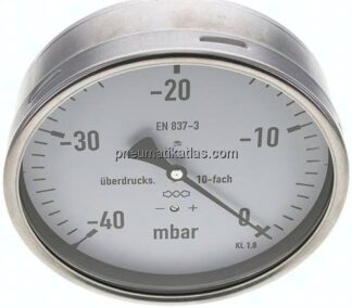 Manometer waagerecht 160mm, -0,04 bar bis 0 bar mbar, G 1/2"