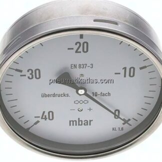 Manometer waagerecht 160mm, -0,04 bar bis 0 bar mbar, G 1/2"