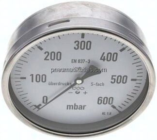 Manometer waagerecht 160mm, 0 - 600 mbar, G 1/2"