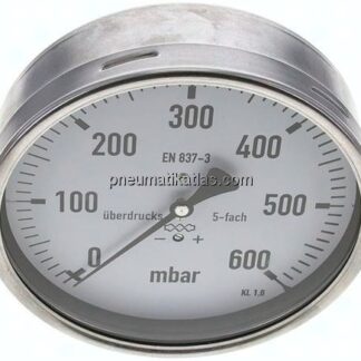 Manometer waagerecht 160mm, 0 - 600 mbar, G 1/2"