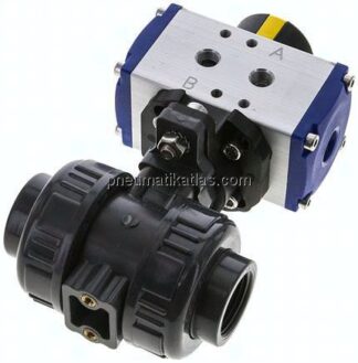 Pneum. PVC-Kugelhahn, Rp 3/4", doppeltwirkend, Innengewinde, EPDM-Dichtung