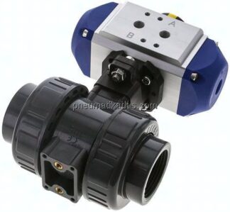 Pneum. PVC-Kugelhahn, Rp 1-1/4", doppeltwirkend, Innengewinde, EPDM-Dichtung