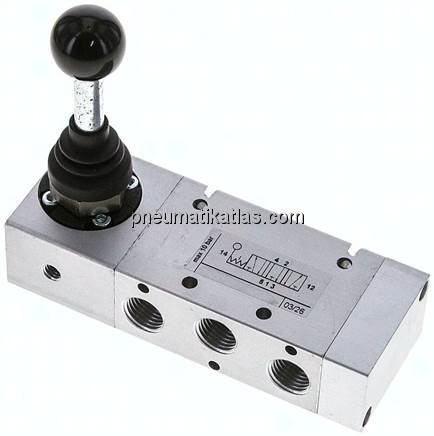 5/3-Wege Handhebelventil, G 1/4", Mittelstellung entlüftet, Raste