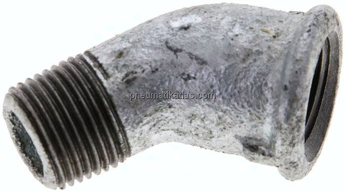 45°-Einschraubwinkel Rp 3/8"(IG)-R 3/8"(AG), Temperguss verzinkt