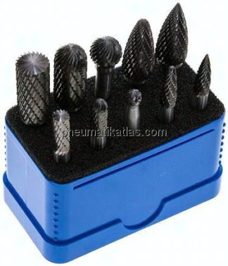 10 Hartmetall-Frässtifte in Mini-Box, 6 mm Schaft: je 1 Stk. Ø 6 & 12 mm, ZYAS-Form - Form A - Zylin