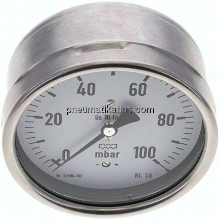 Manometer waagerecht 100mm, 0 - 100 mbar, G 1/2"