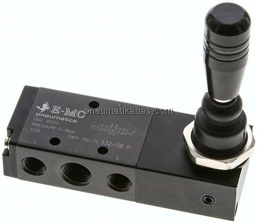 5/3-Wege Handhebelventil, G 1/4", Mittelstellung belüftet, Raste