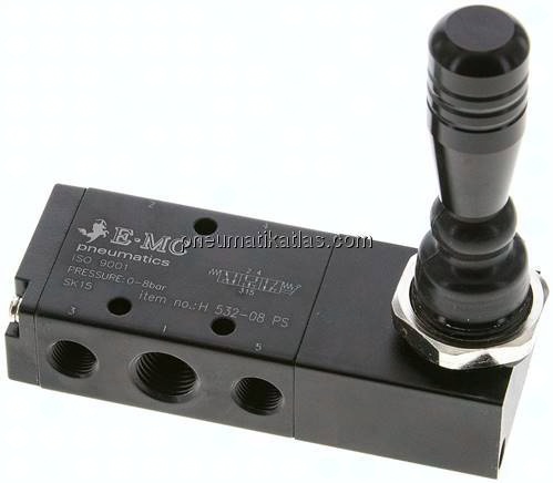 5/3-Wege Handhebelventil, G 1/4", Mittelstellung belüftet, Federrückstellung