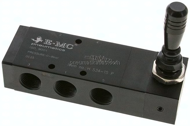 5/3-Wege Handhebelventil, G 1/2", Mittelstellung belüftet, Raste