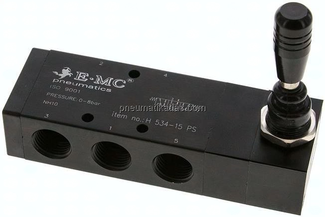 5/3-Wege Handhebelventil, G 1/2", Mittelstellung belüftet, Federrückstellung