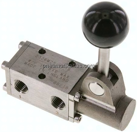 3/2-Wege (NC/NO)-Handhebelventil, G 1/4", Federrückstellung