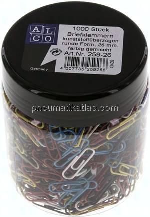 1000er Pack Büroklammern, kunststoffummantelt, bunt gemischt, 26mm