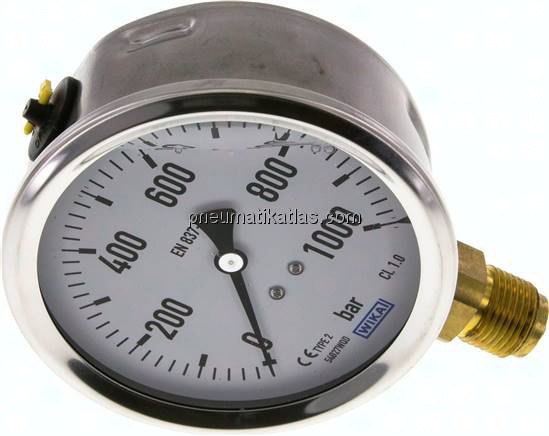 Glycerin-Manometer senkrecht (CrNi/Ms),100mm, 0 - 1000 bar