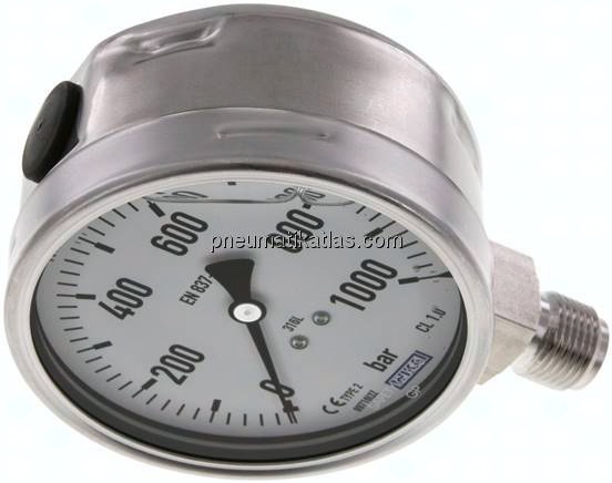 Chemie-Glycerin-Manometer senkrecht,100mm, 0 - 1000 bar