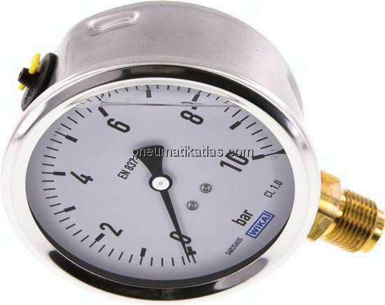 Glycerin-Manometer senkrecht (CrNi/Ms),100mm, 0 - 10 bar