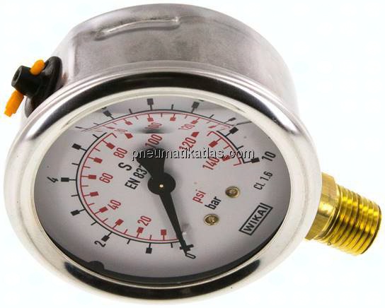 Glycerin-Manometer senkrecht (CrNi/Ms), 63mm, 0 - 10 bar