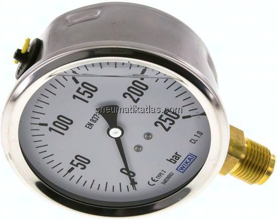 Glycerin-Manometer senkrecht (CrNi/Ms),100mm, 0 - 250 bar
