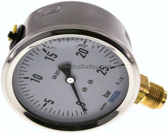 Glycerin-Manometer senkrecht (CrNi/Ms),100mm, 0 - 25 bar