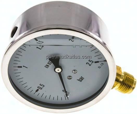 Glycerin-Manometer senkrecht (CrNi/Ms),100mm, 0 - 2,5 bar