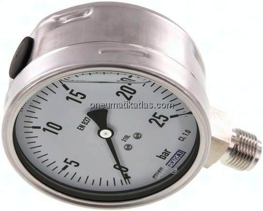 Chemie-Glycerin-Manometer senkrecht,100mm, 0 - 25 bar