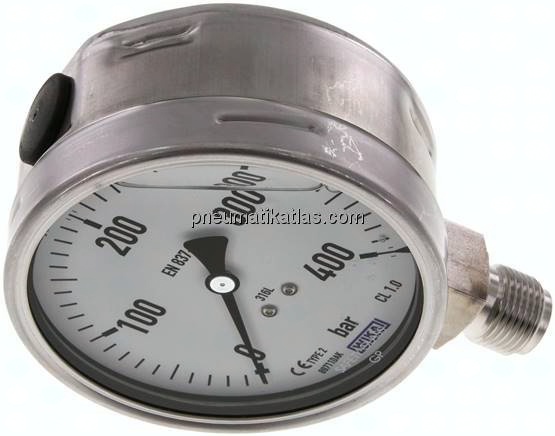 Chemie-Glycerin-Manometer senkrecht,100mm, 0 - 400 bar