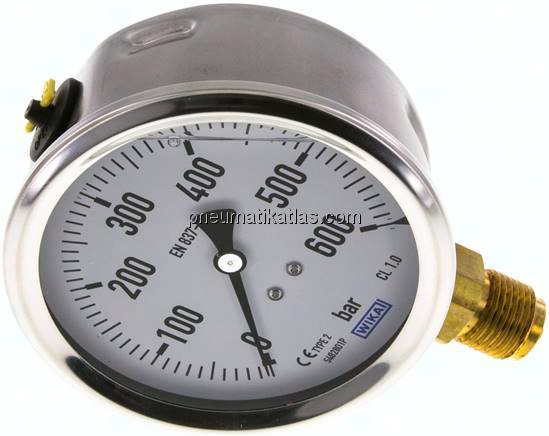 Glycerin-Manometer senkrecht (CrNi/Ms),100mm, 0 - 600 bar