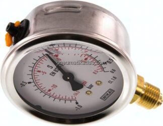 Glycerin-Manometer senkrecht (CrNi/Ms), 63mm, -1 bis 0,6 bar