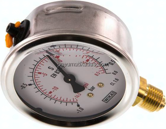 Glycerin-Manometer senkrecht (CrNi/Ms), 63mm, -1 bis 0,6 bar