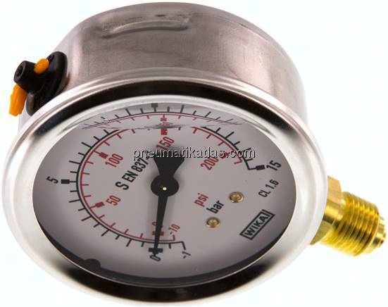 Glycerin-Manometer senkrecht (CrNi/Ms), 63mm, -1 bis 15 bar